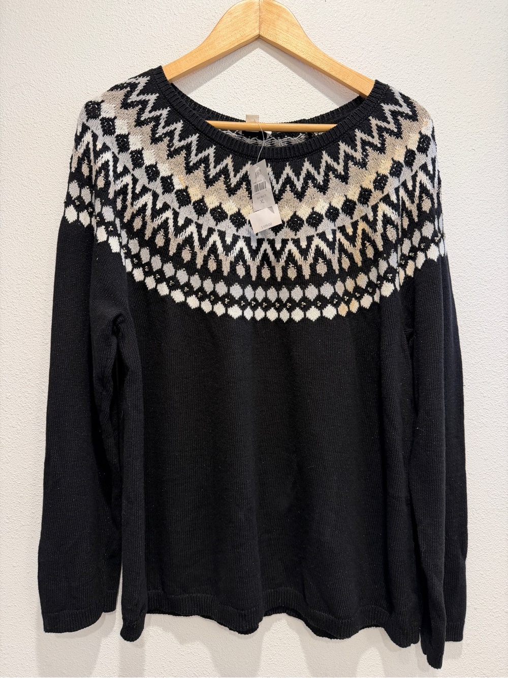 J. Jill Black Fair Isle Nordic Crewneck Beaded Metallic Sweater NWT Medium